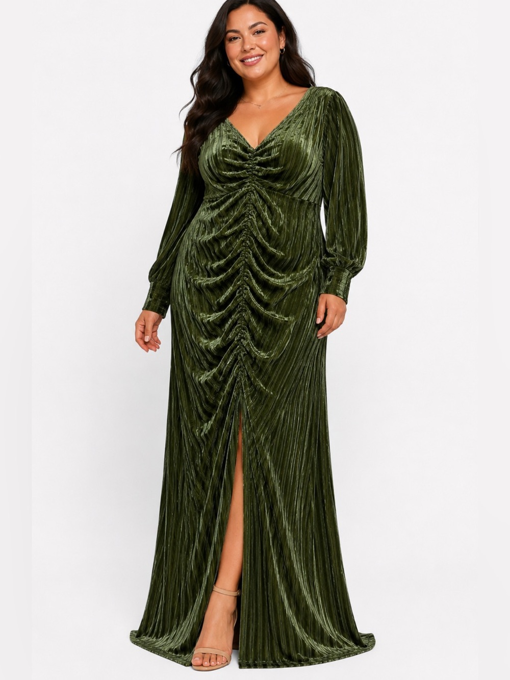 Unique Vintage Green Velvet Ruched Maxi Dress Front Slit V-Neck Gown XL/14